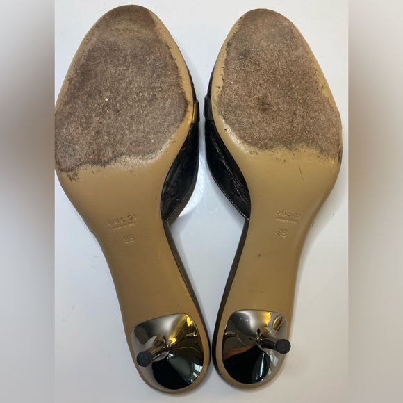 GUCCI HORSEBIT PRINTED MONOGRAM METAL KITTEN HEEL SLIDES - Picture 6 of 6
